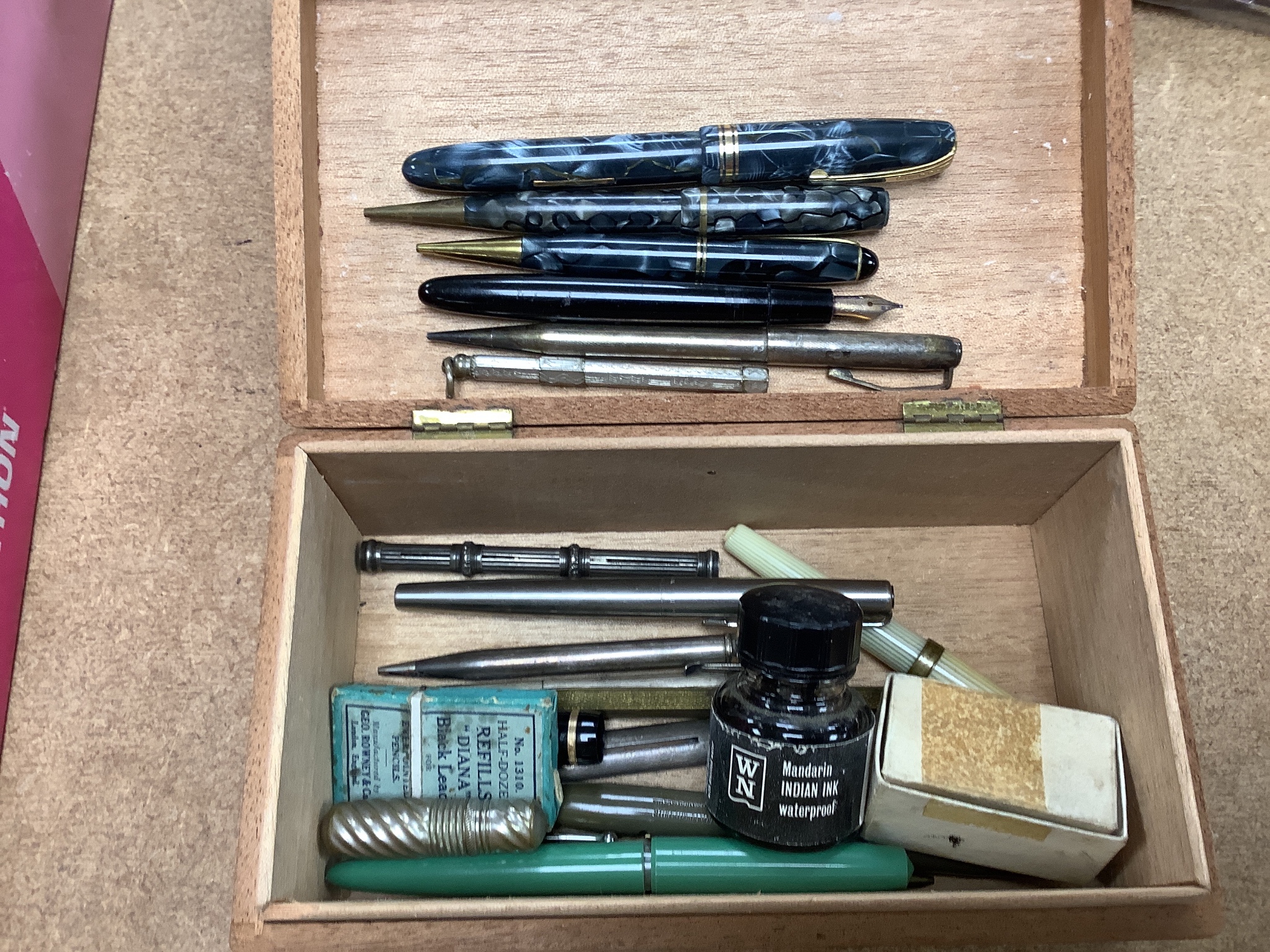 Sundry assorted fountain pens and writing equipment includes Swan, Sheaffer PFM